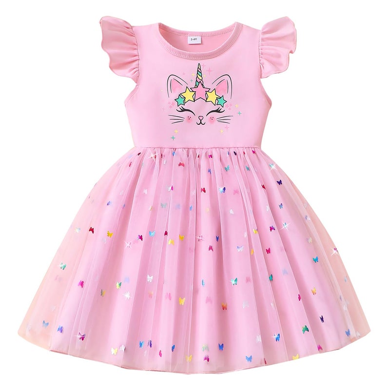 Akyzic Toddler Girls Sequin Rainbow Dress Cat Print Tutu Party Unicorn Birthday Pink Tulle Dress 5T - Image 1