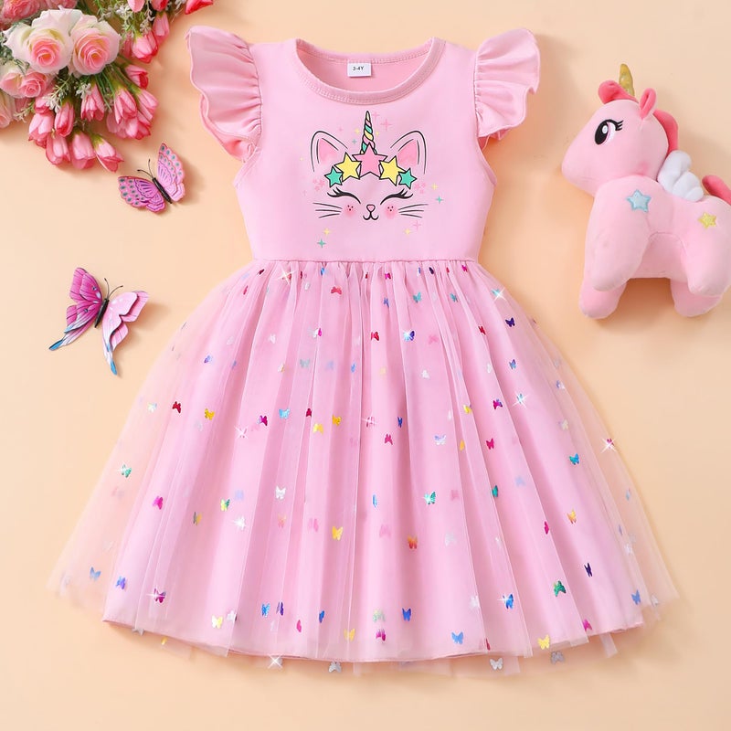 Akyzic Toddler Girls Sequin Rainbow Dress Cat Print Tutu Party Unicorn Birthday Pink Tulle Dress 5T - Image 3