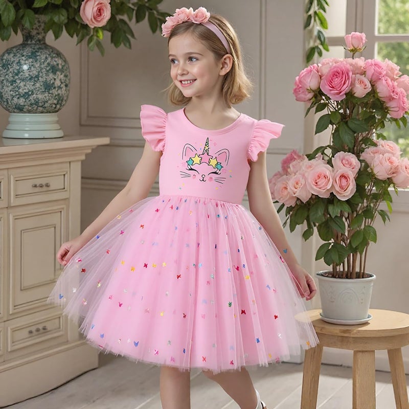 Akyzic Toddler Girls Sequin Rainbow Dress Cat Print Tutu Party Unicorn Birthday Pink Tulle Dress 5T - Image 2