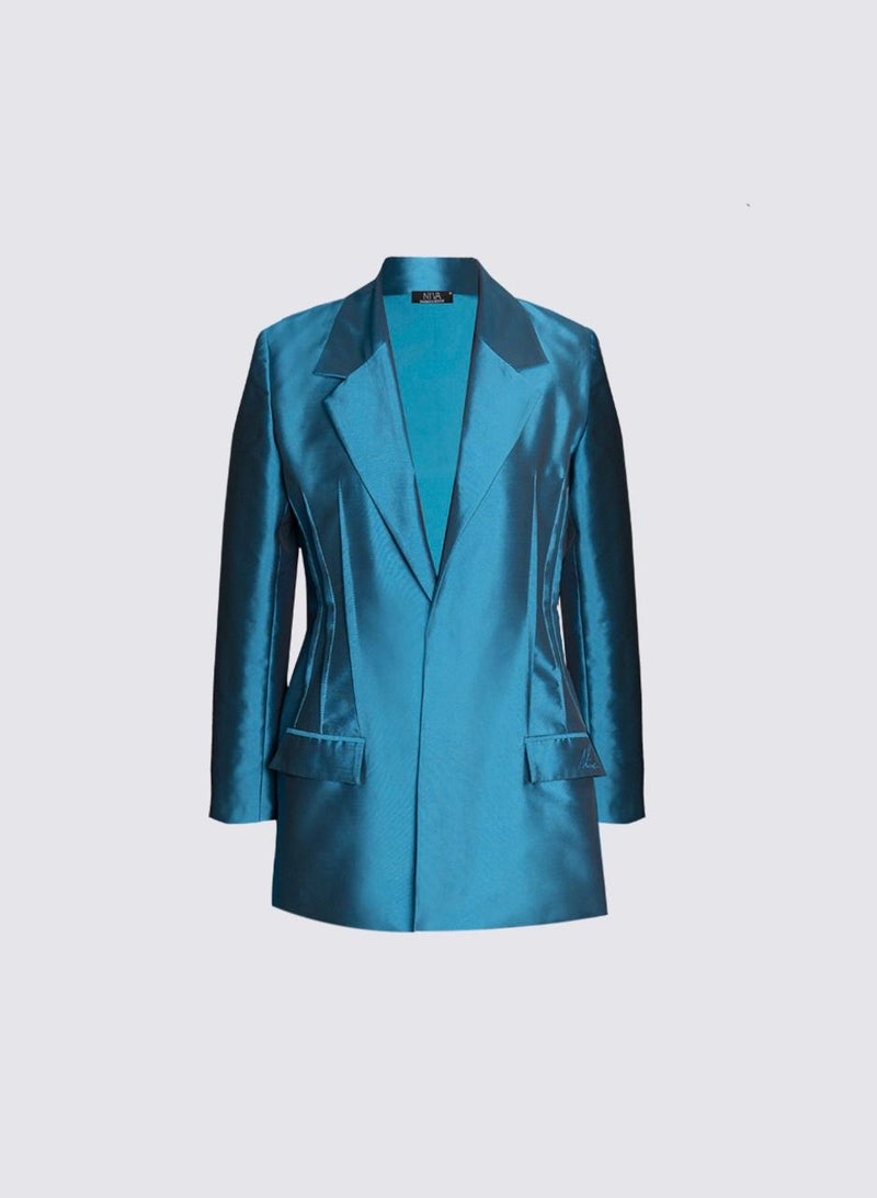 NIVA FASHION HOUSE ELITE - Pin Tuck Blue Poly Silk Blazer  - Image 1