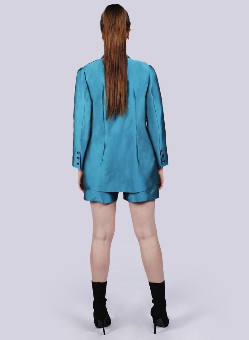 NIVA FASHION HOUSE ELITE - Pin Tuck Blue Poly Silk Blazer  - Image 5