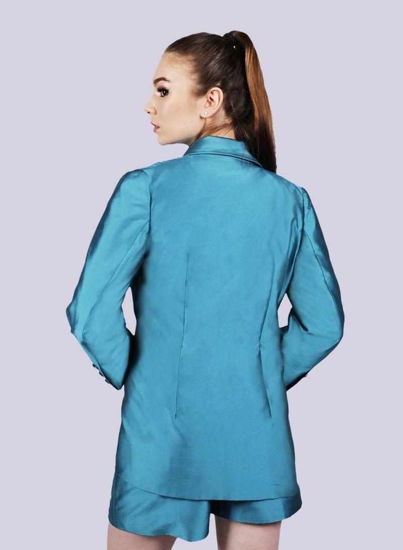 NIVA FASHION HOUSE ELITE - Pin Tuck Blue Poly Silk Blazer  - Image 4