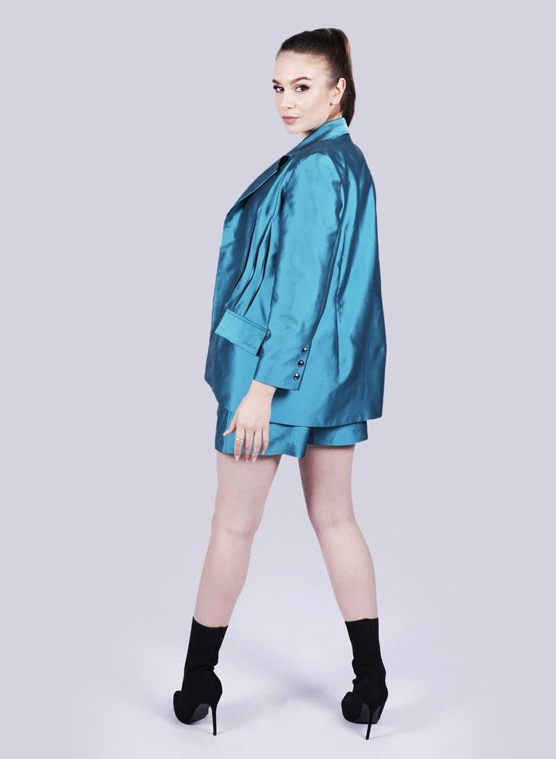 NIVA FASHION HOUSE ELITE - Pin Tuck Blue Poly Silk Blazer  - Image 3