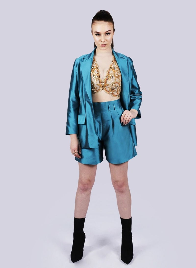 NIVA FASHION HOUSE ELITE - Pin Tuck Blue Poly Silk Blazer  - Image 2