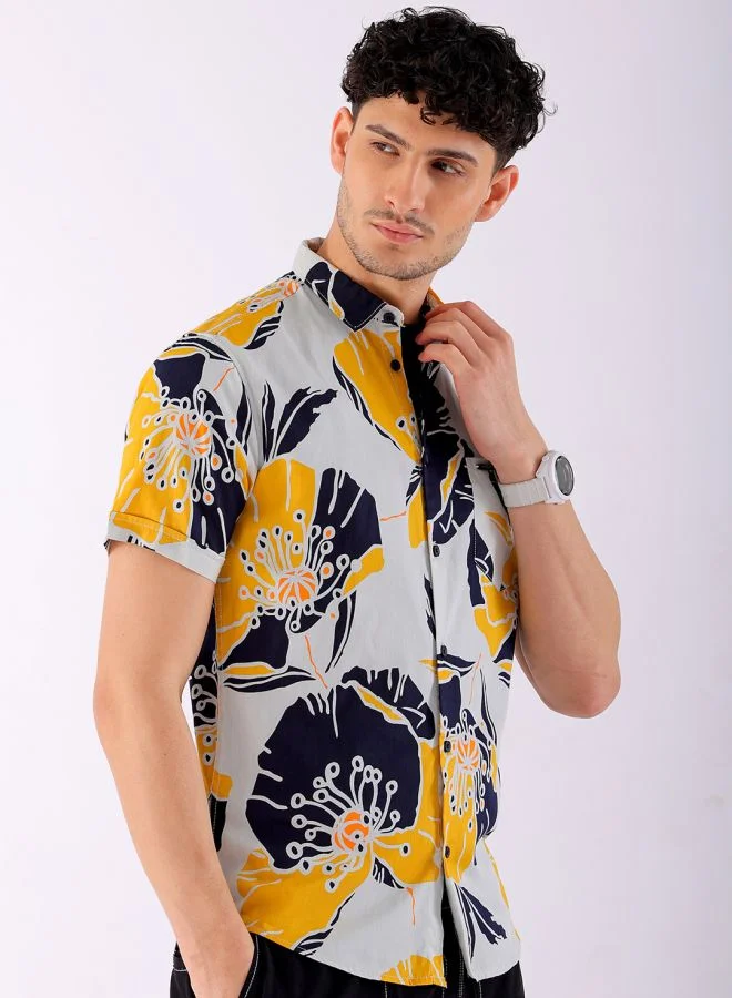 The Indian Garage Co Men Slim Fit Abstract Printed Half Sleeves Spread Collar Resort Wear Shirt