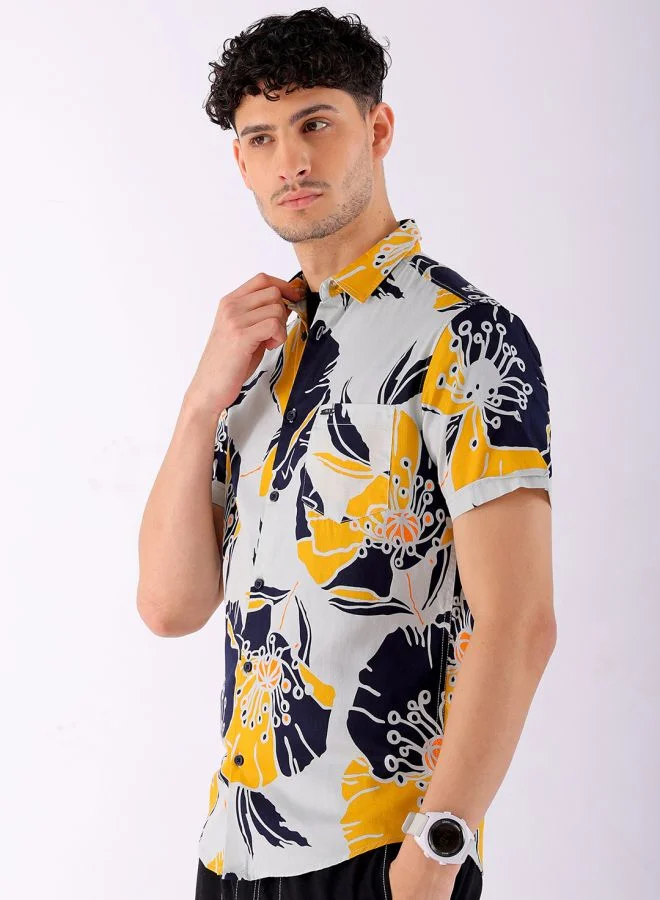 The Indian Garage Co Men Slim Fit Abstract Printed Half Sleeves Spread Collar Resort Wear Shirt