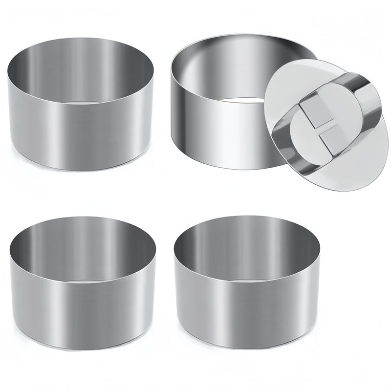 4 Pcs Round Ring Mold for CookingStainless Steel 3 inch Food Molds with 1 Pusher for Cake Dessert Mousse Tuna Tartare