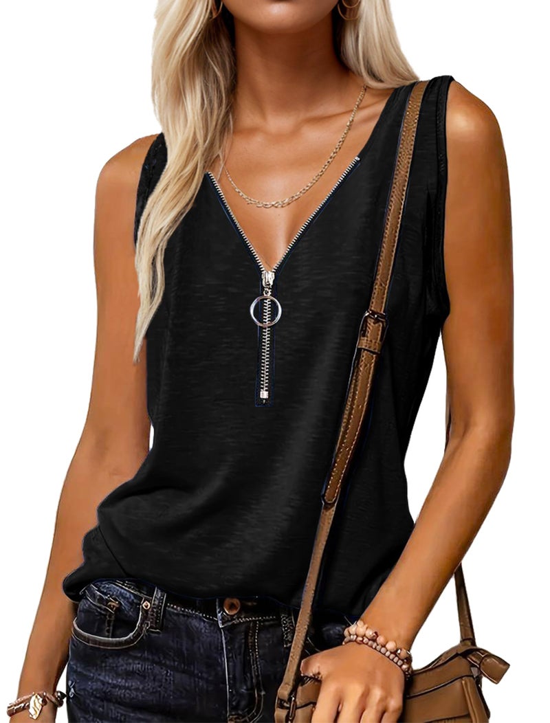 Halife V Neck Black Tank Top Woman Dressy Casual Sleeveless Shirt Solid Color Summer Blouse XL - Image 1