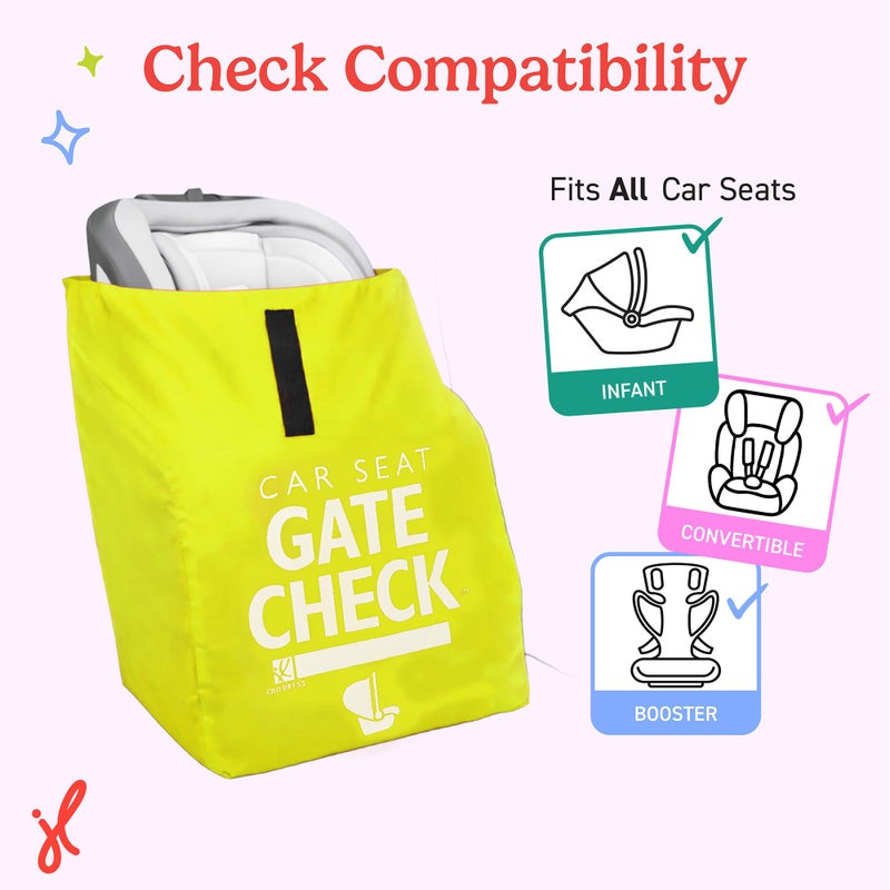 J.L. Childress Gate Check Travel Bag for Car Seats - Car Seat Travel Bag for Airplane, Includes AIRTAG Holder, Fits All Baby Car Infant Carriers & Child Booster Seats - Neon Yellow - Image 4