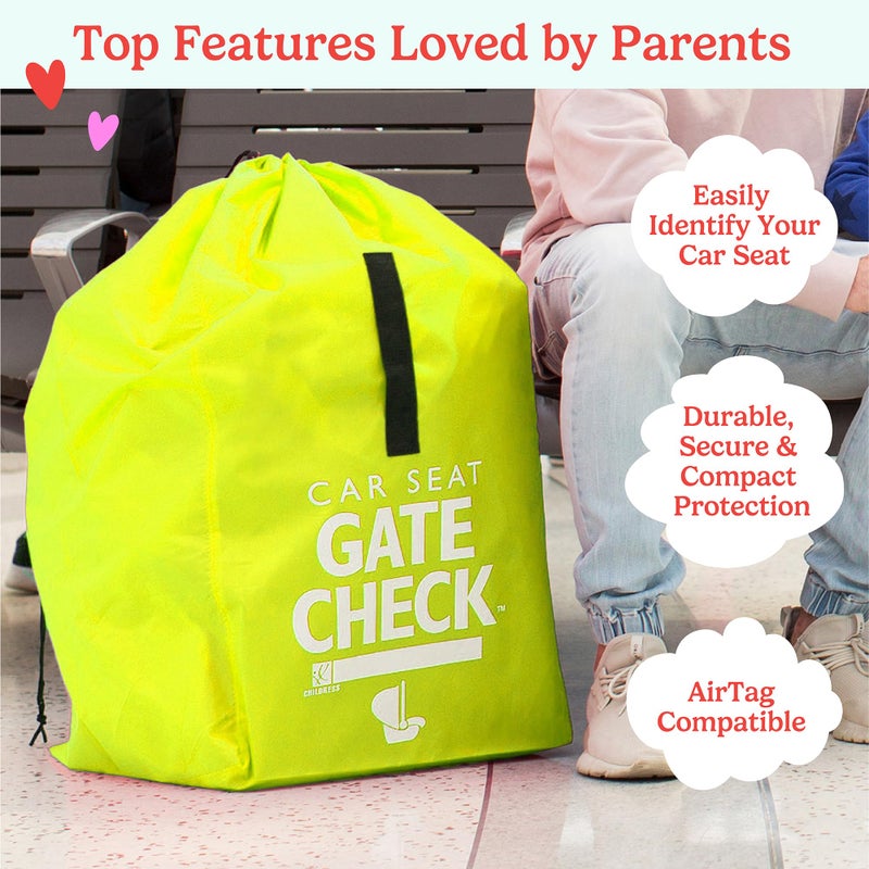 J.L. Childress Gate Check Travel Bag for Car Seats - Car Seat Travel Bag for Airplane, Includes AIRTAG Holder, Fits All Baby Car Infant Carriers & Child Booster Seats - Neon Yellow - Image 2