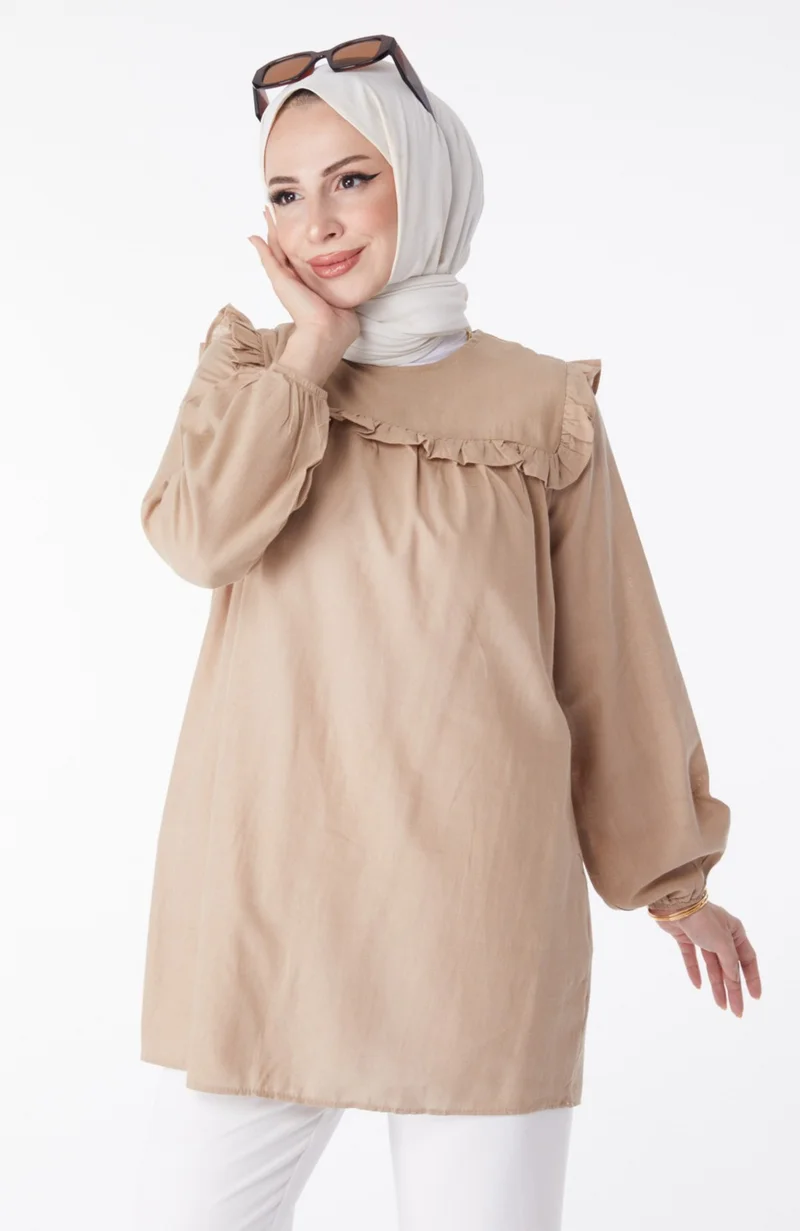 Tofisa Plain Crew Neck Women's Mink Ruffle Detail Tunic - 13142