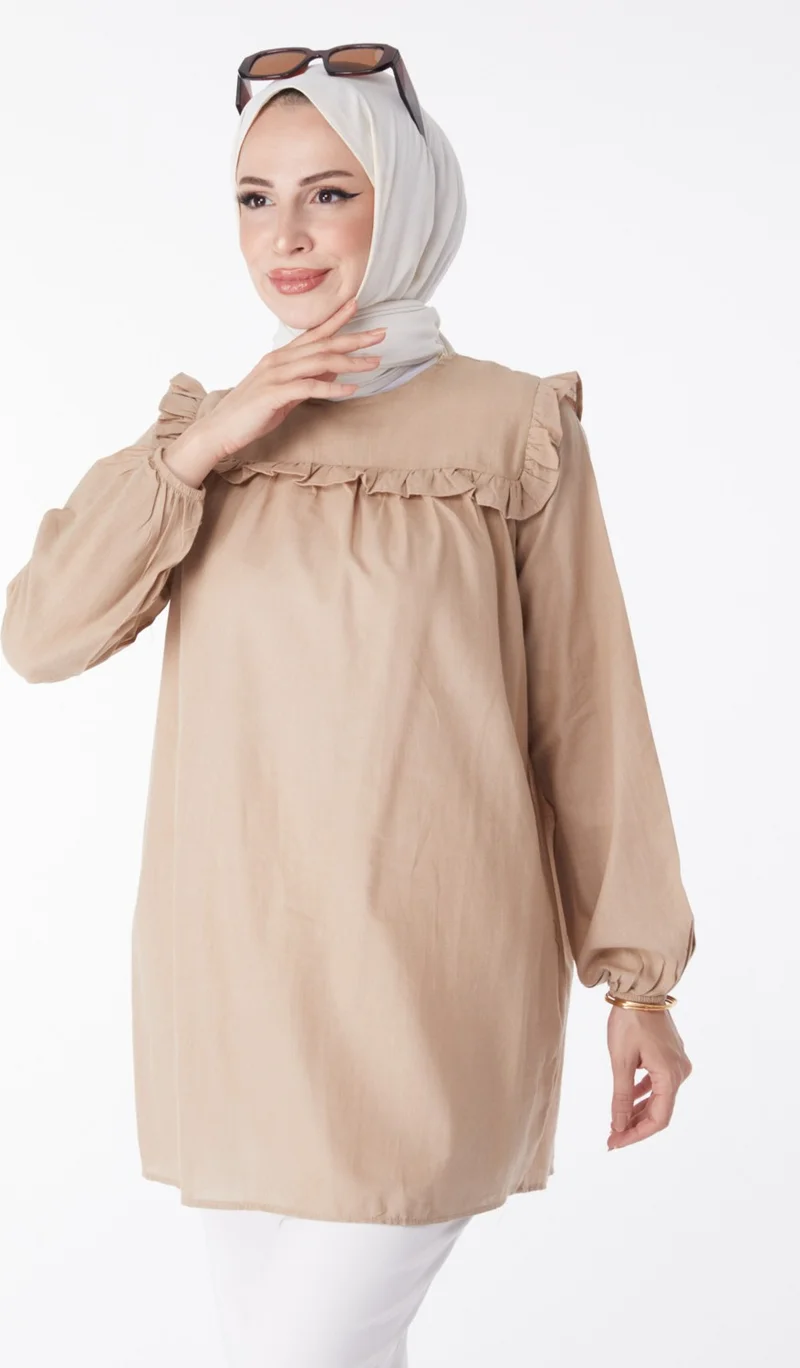 Tofisa Plain Crew Neck Women's Mink Ruffle Detail Tunic - 13142