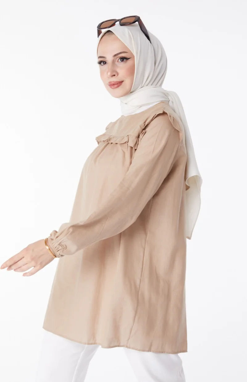 Tofisa Plain Crew Neck Women's Mink Ruffle Detail Tunic - 13142