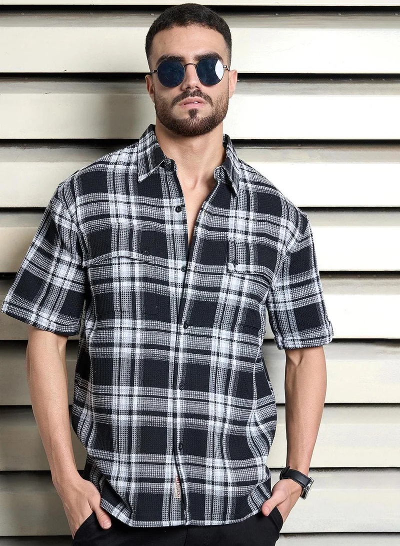 هاي ستار Men's Multicolour Cotton Blend Checkered Button Down Oversized Shirt
