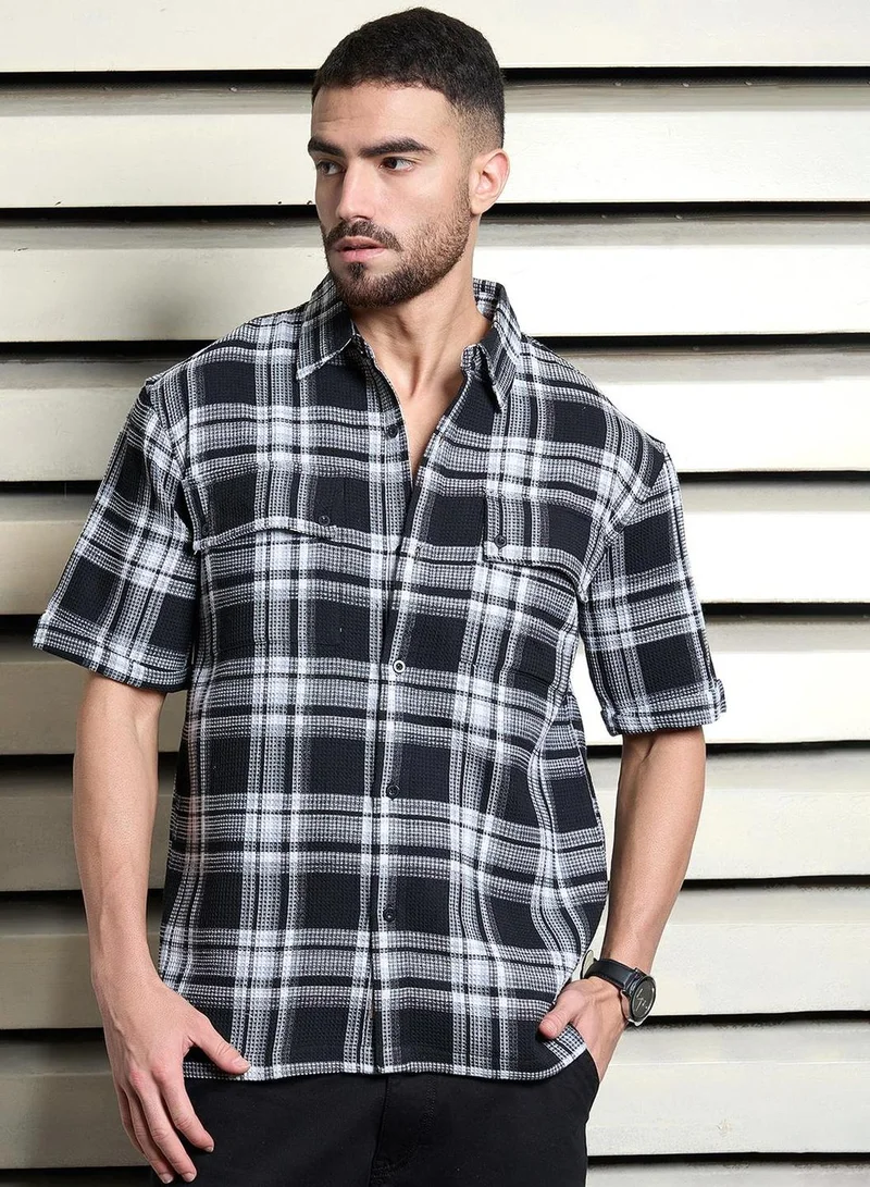هاي ستار Men's Multicolour Cotton Blend Checkered Button Down Oversized Shirt