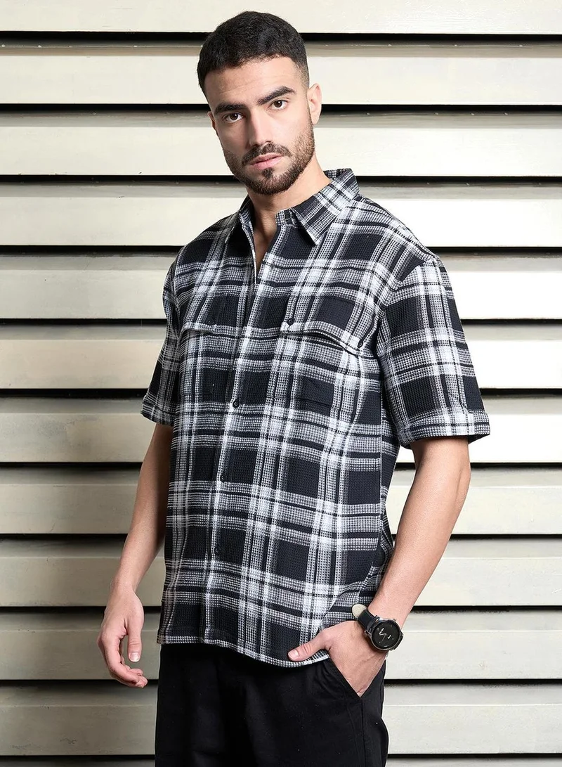 HIGH STAR Men's Multicolour Cotton Blend Checkered Button Down Oversized Shirt