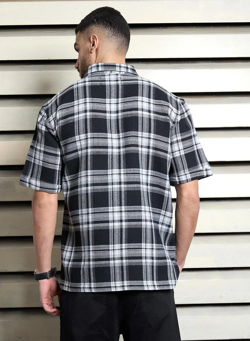 HIGH STAR Men's Multicolour Cotton Blend Checkered Button Down Oversized Shirt