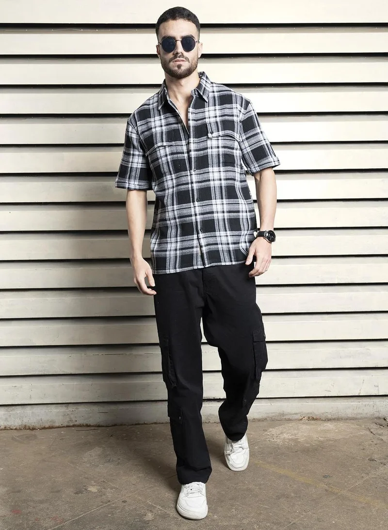 HIGH STAR Men's Multicolour Cotton Blend Checkered Button Down Oversized Shirt