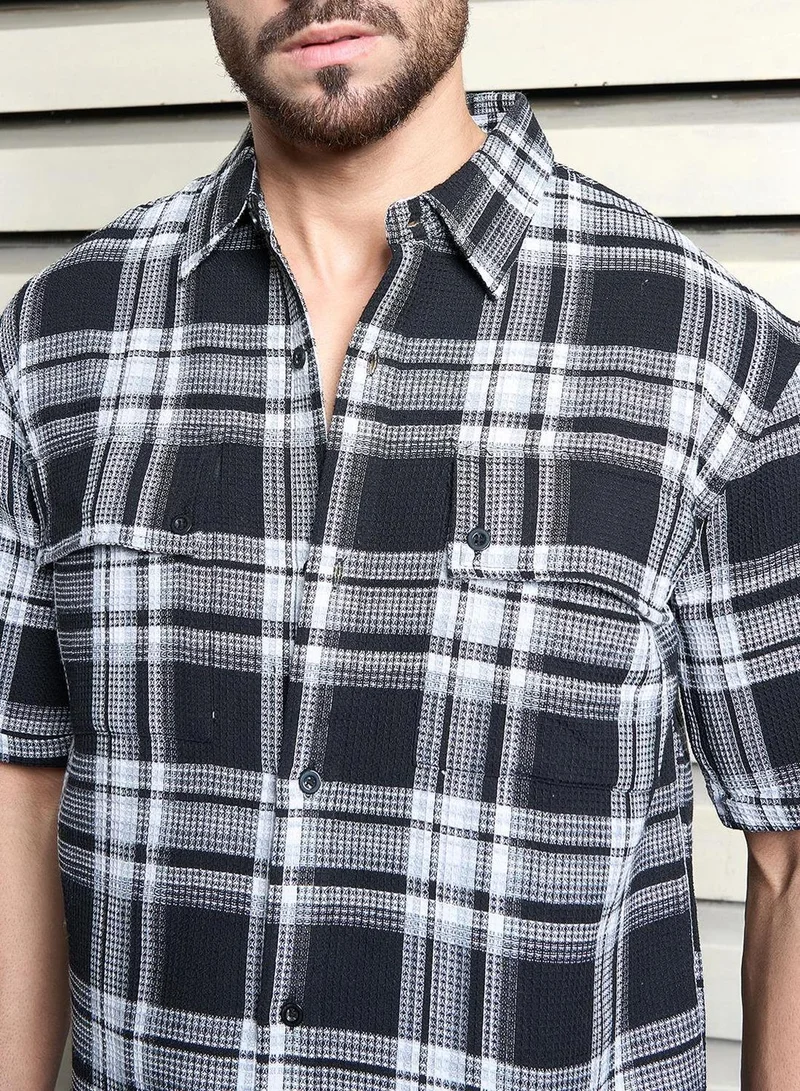 HIGH STAR Men's Multicolour Cotton Blend Checkered Button Down Oversized Shirt