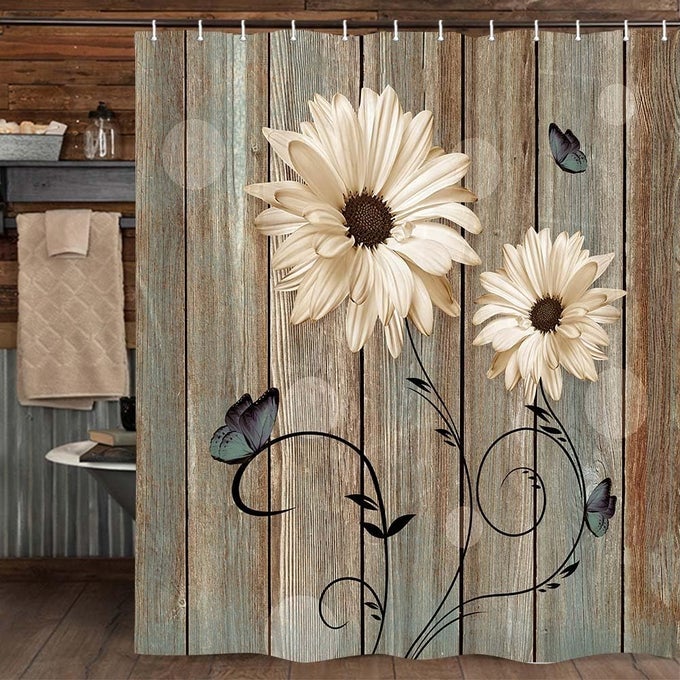 RUSTIC FLORAL SHOWER CURTAIN FOR BATHROOM ELEGANT DAISY FLOWER BUTTERFLIES BATH CURTAINS FARMHOUSE BARN WOOD VINTAGE FABRIC SHOWER CURTAIN SETS WITH HOOKS 69X70 INCHES