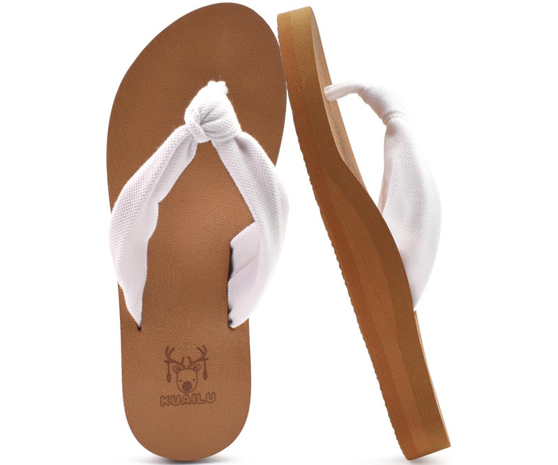 KuaiLu Flip Flops Women Arch Support Yoga Mat Comfortable Summer Beach Walking Thong Cushion Sandals Slip on Outfits Travel Essential Orthotic Slides Indoor Outdoor Slippers Shoes White Khaki Size 9.5 - Image 1