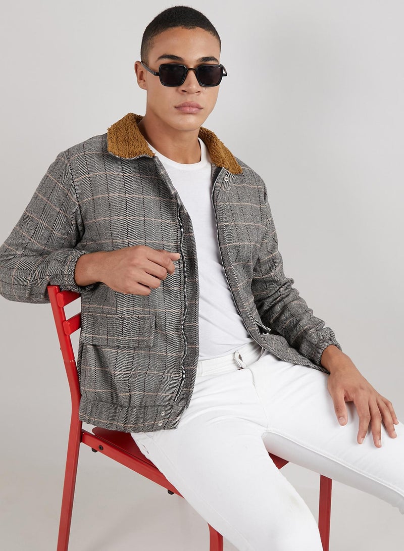 Campus Sutra Men's Grey Tartan Plaid Jacket With Fleece Collar  - Image 1