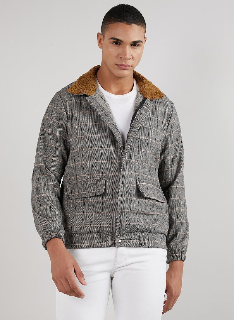 Campus Sutra Men's Grey Tartan Plaid Jacket With Fleece Collar  - Image 2