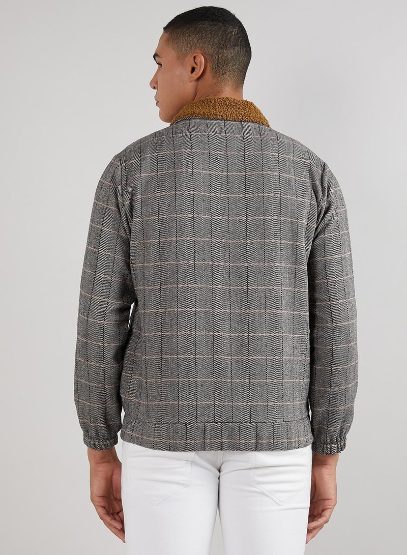Campus Sutra Men's Grey Tartan Plaid Jacket With Fleece Collar  - Image 5