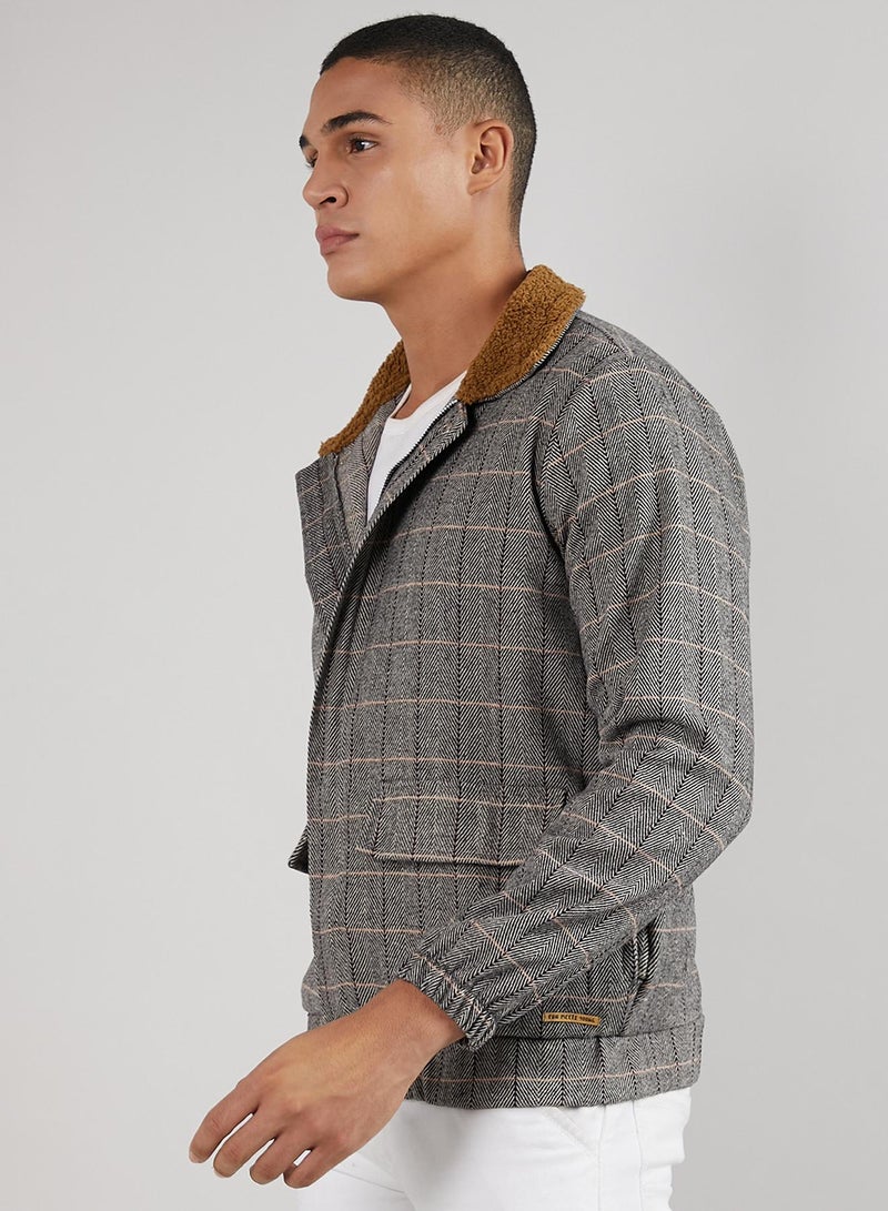 Campus Sutra Men's Grey Tartan Plaid Jacket With Fleece Collar  - Image 3