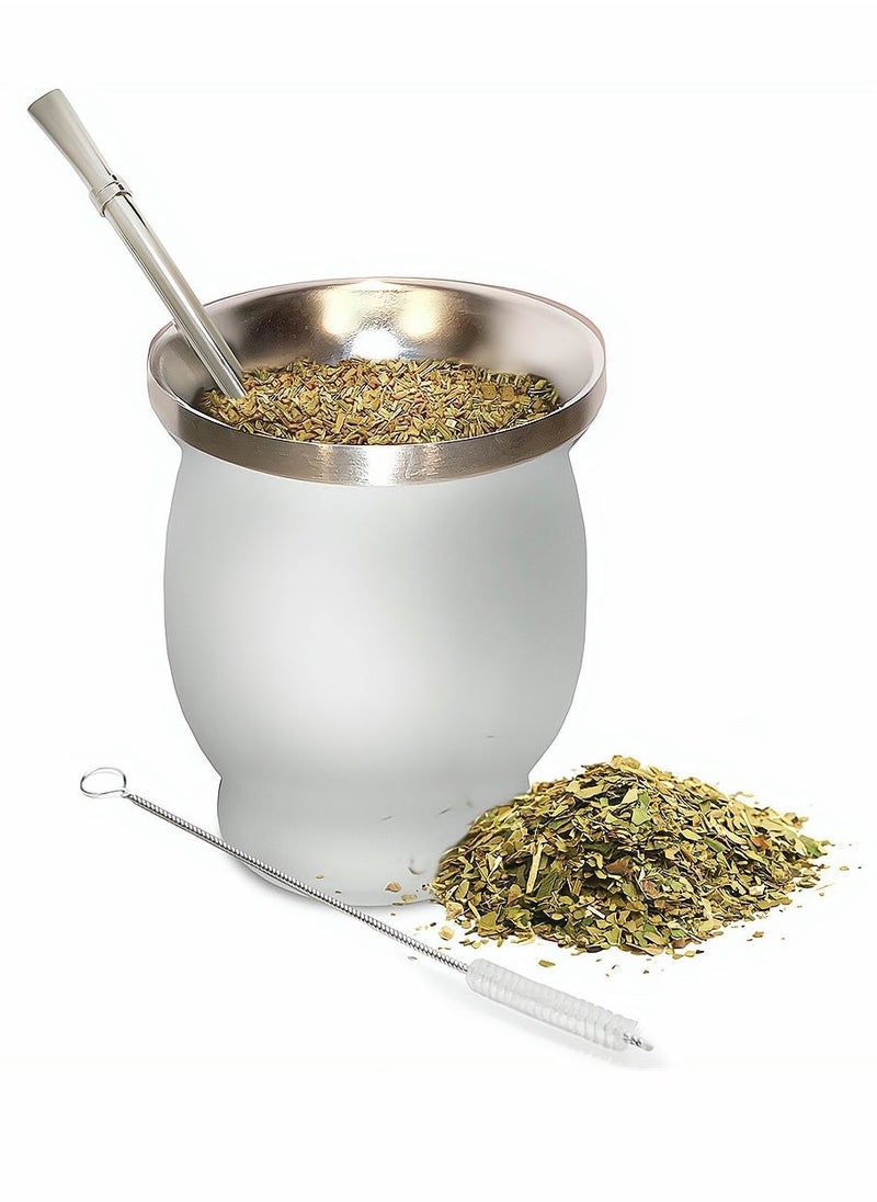 Yerba Mate Tea Cup, Stainless Steel Double Walled Easy Wash Household Insulation Cup, Mate Gourds for Yerba Mate Loose Leaf Drinking with Bombilla Straw, White Color, 230 Ml - Image 1