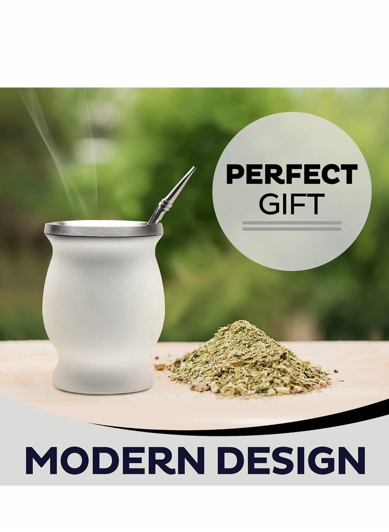 Yerba Mate Tea Cup, Stainless Steel Double Walled Easy Wash Household Insulation Cup, Mate Gourds for Yerba Mate Loose Leaf Drinking with Bombilla Straw, White Color, 230 Ml - Image 3