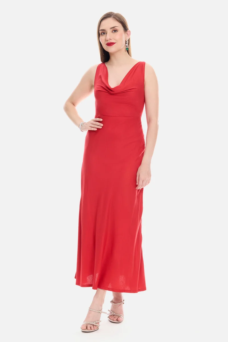 فيرجيو Solid Viscose Cowl Neck Maxi Dress for Women