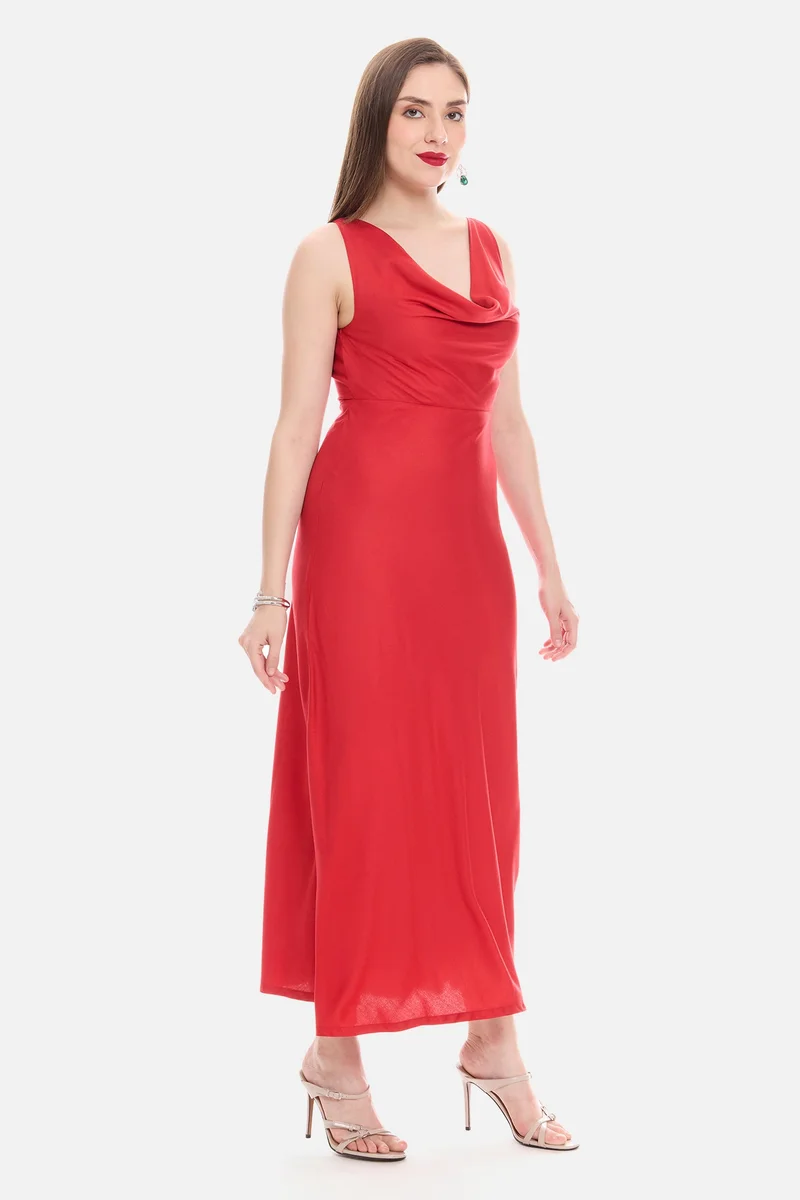 Virgio Red Solid Viscose Cowl Neck Maxi Dress for Women for Women | Best Price UAE