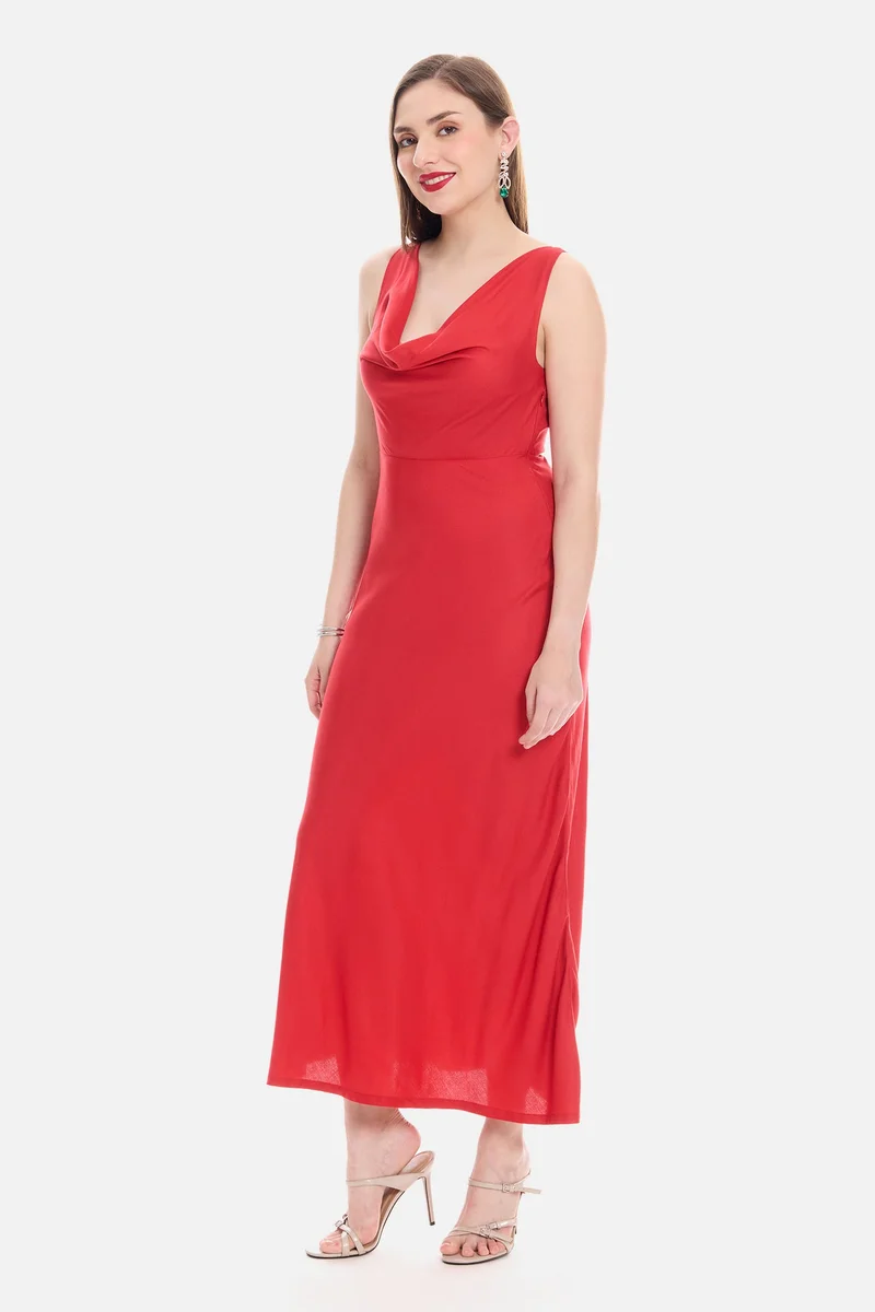 Virgio Red Solid Viscose Cowl Neck Maxi Dress for Women for Women | Best Price UAE