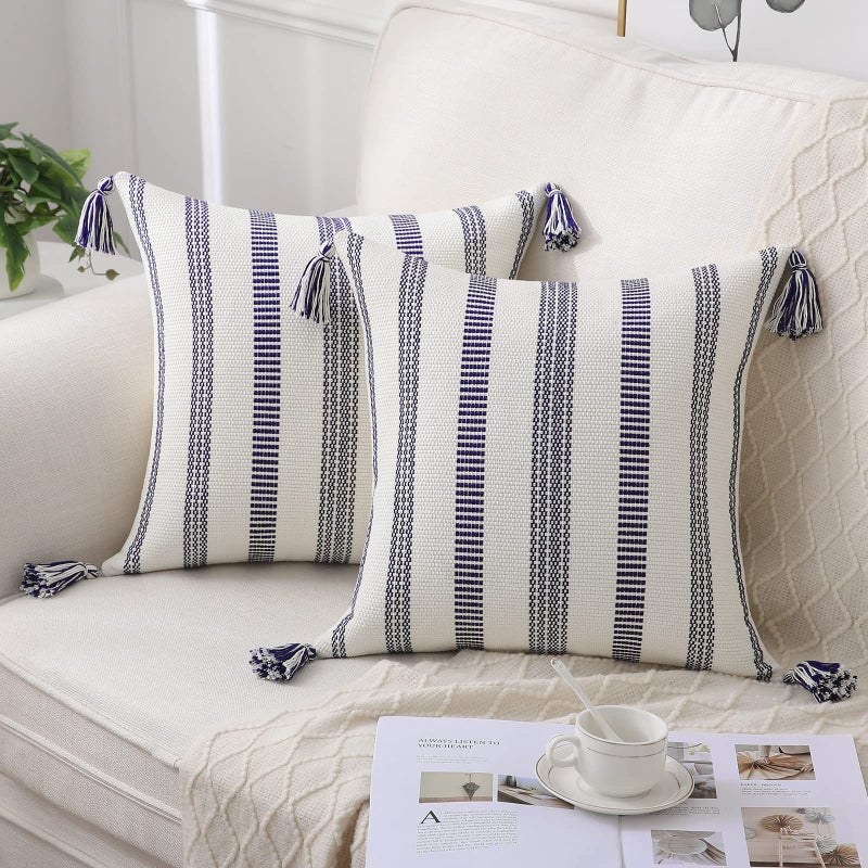 Smile Bee Boho Outdoor Couch Throw Pillow Covers Set of 2 Decorative Thick Woven Striped Accent Neutral Pillow Covers with Tassels for Bed Sofa Home Decor 20x20 Inch Navy Blue and Cream White