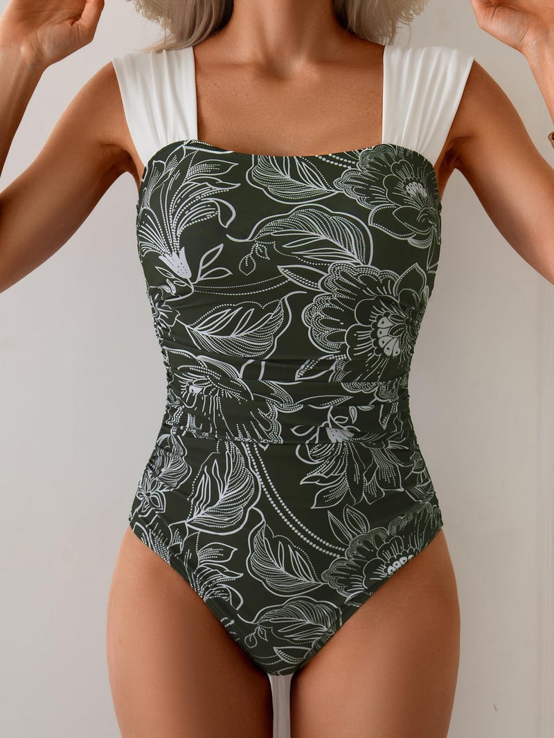 B2prity Womens One Piece Swimsuit Retro Square Neck Tummy Control Bathing Suits Ruched Modest Full Coverage Swimwear - Image 3