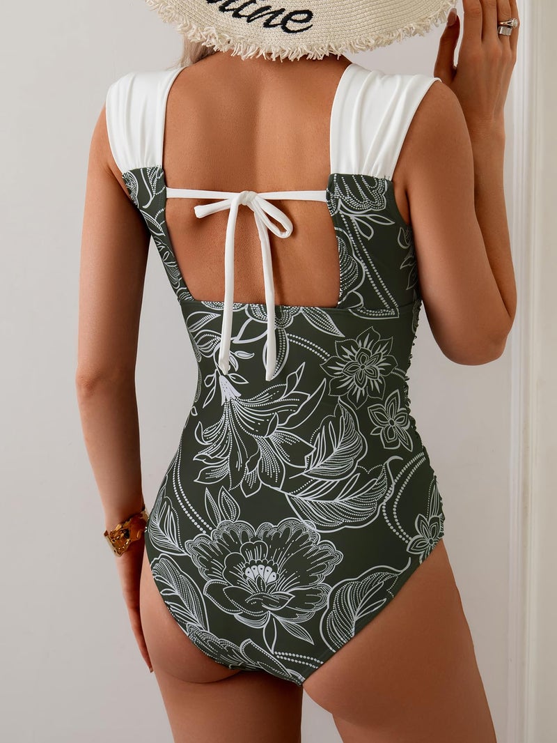 B2prity Womens One Piece Swimsuit Retro Square Neck Tummy Control Bathing Suits Ruched Modest Full Coverage Swimwear - Image 2