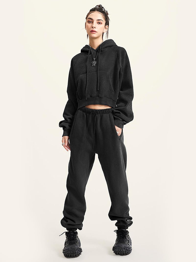 Gihuo Women's Cropped Hoodie Acid Wash Oversized Short Pullover Sweatshirt with Kangaroo Pocket (US, Alpha, Small, Regular, Regular, Black) - Image 5