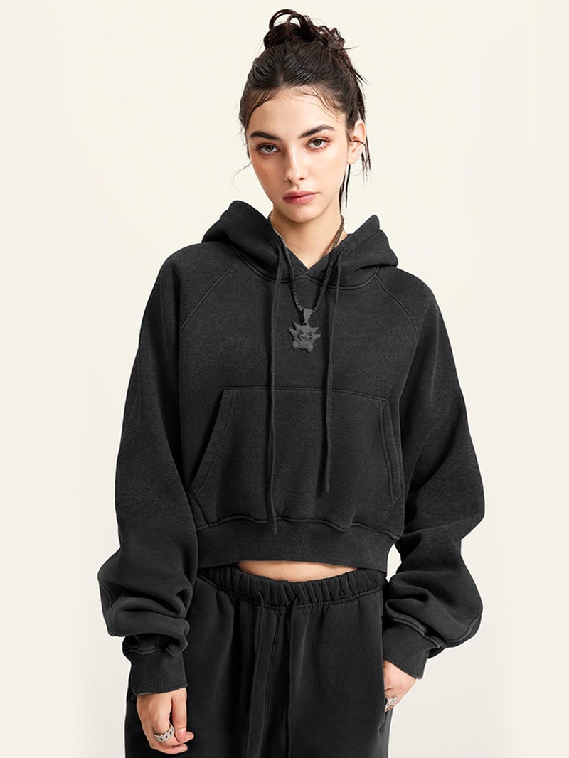 Gihuo Women's Cropped Hoodie Acid Wash Oversized Short Pullover Sweatshirt with Kangaroo Pocket (US, Alpha, Small, Regular, Regular, Black) - Image 2