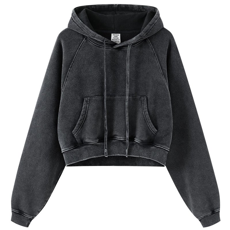 Gihuo Women's Cropped Hoodie Acid Wash Oversized Short Pullover Sweatshirt with Kangaroo Pocket (US, Alpha, Small, Regular, Regular, Black) - Image 1