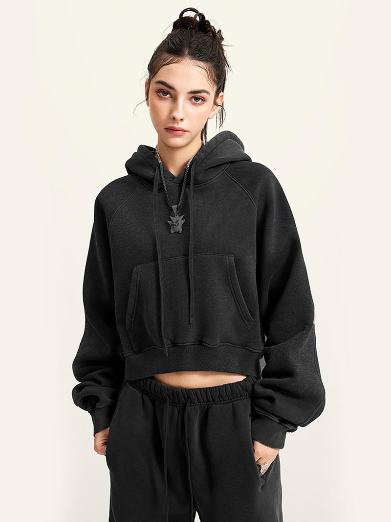 Gihuo Women's Cropped Hoodie Acid Wash Oversized Short Pullover Sweatshirt with Kangaroo Pocket (US, Alpha, Small, Regular, Regular, Black) - Image 3