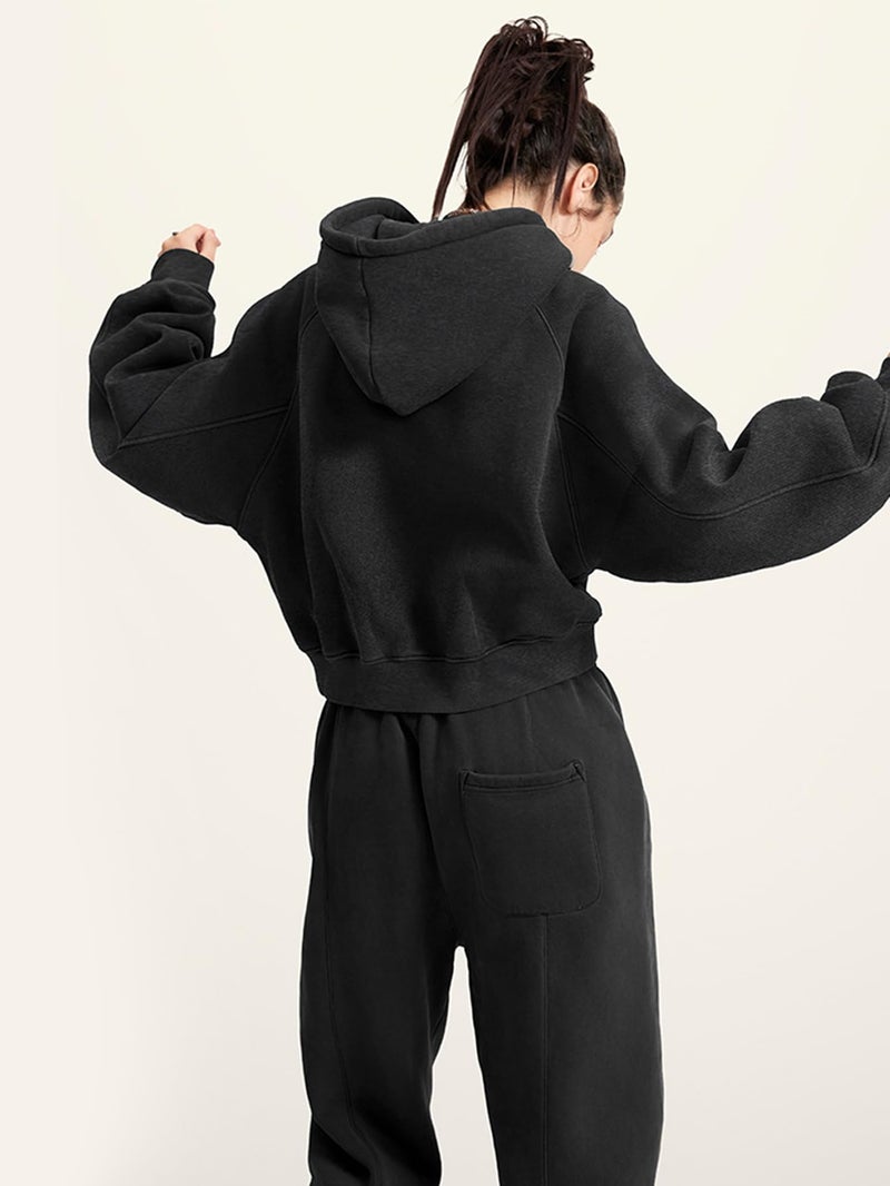 Gihuo Women's Cropped Hoodie Acid Wash Oversized Short Pullover Sweatshirt with Kangaroo Pocket (US, Alpha, Small, Regular, Regular, Black) - Image 4