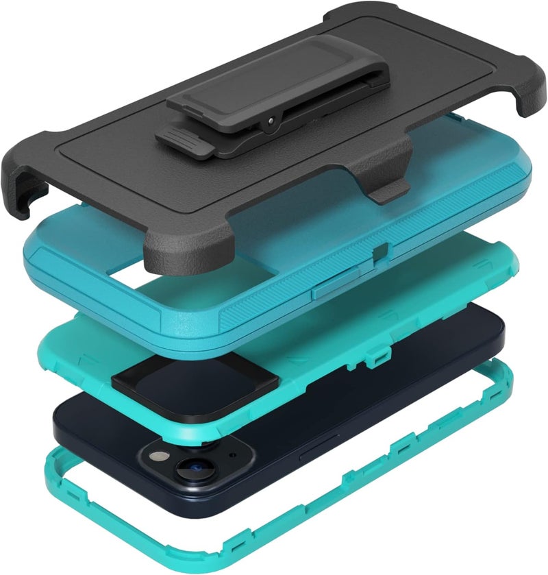 NIUBITY Compatible with iPhone 13 6.1 inch Case,with Screen Protectors,Heavy Duty Rugged Shockproof Full Body Protection Kickstand Case with Belt Clip Holster for iPhone 13 Phone (Teal+Light Blue) - Image 1