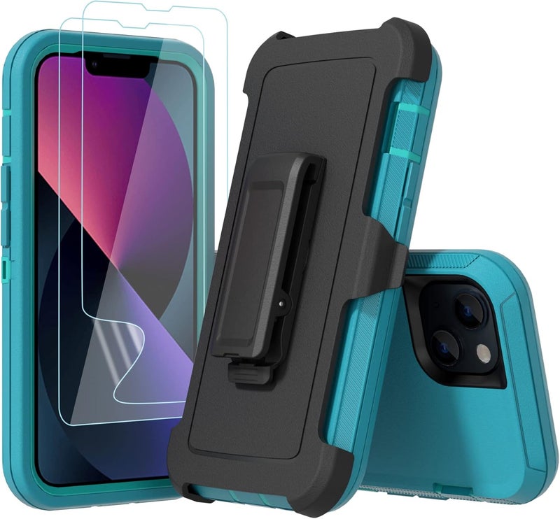 NIUBITY Compatible with iPhone 13 6.1 inch Case,with Screen Protectors,Heavy Duty Rugged Shockproof Full Body Protection Kickstand Case with Belt Clip Holster for iPhone 13 Phone (Teal+Light Blue) - Image 2
