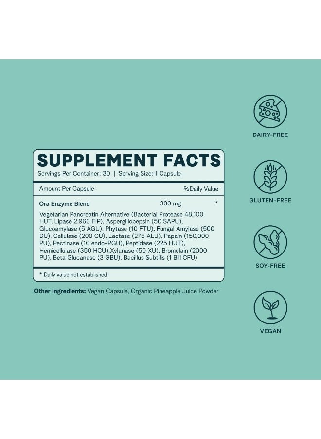 Ora Organic - Ora Organic Multi-Enzyme Supplement - Vegan, Gluten Free Enzymes for Digestion with Probiotics for Gut Health, Bloating, Constipation and Gas Relief - 30 Easy to Swallow Capsules - Image 1