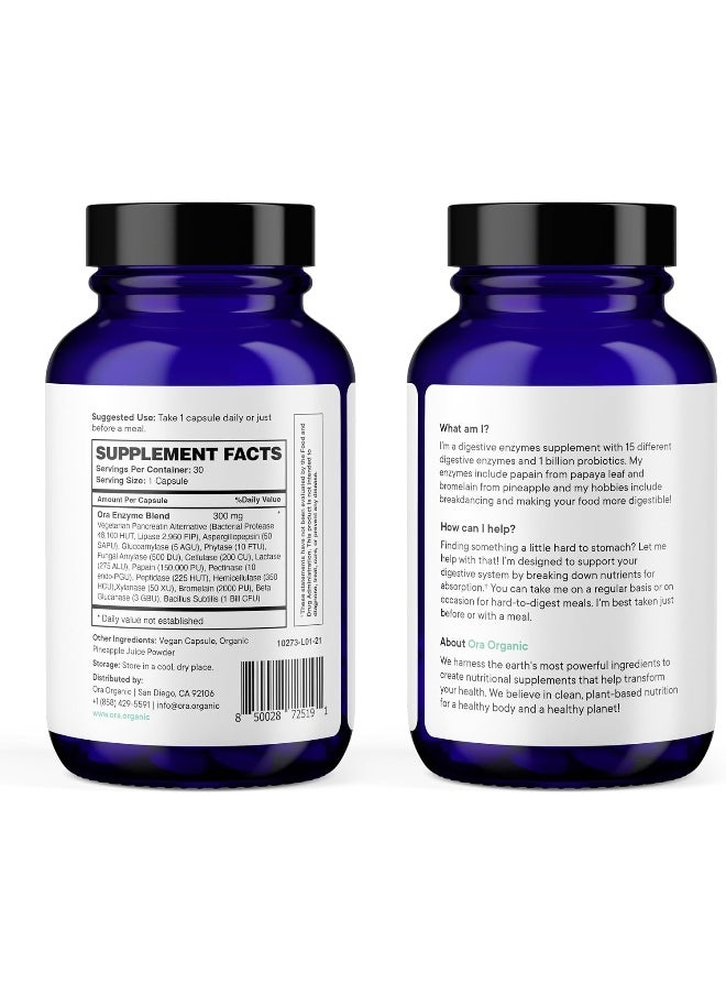 Ora Organic - Ora Organic Multi-Enzyme Supplement - Vegan, Gluten Free Enzymes for Digestion with Probiotics for Gut Health, Bloating, Constipation and Gas Relief - 30 Easy to Swallow Capsules - Image 1