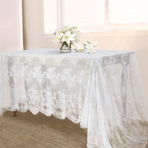 B.Cool B-COOL White Lace Tablecloth Rectangle 60x120 Inches Long Embroidered Vintage Table Cloths Wedding Decorations for Rustic Parties Reception Home Outdoor Thanksgiving Table Decor - Image 1