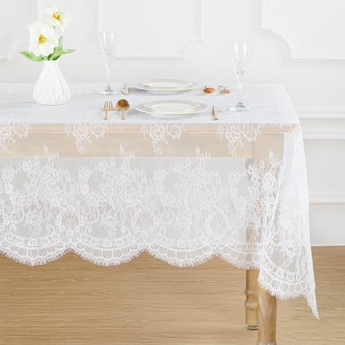 B.Cool B-COOL White Lace Tablecloth Rectangle 60x120 Inches Long Embroidered Vintage Table Cloths Wedding Decorations for Rustic Parties Reception Home Outdoor Thanksgiving Table Decor - Image 4