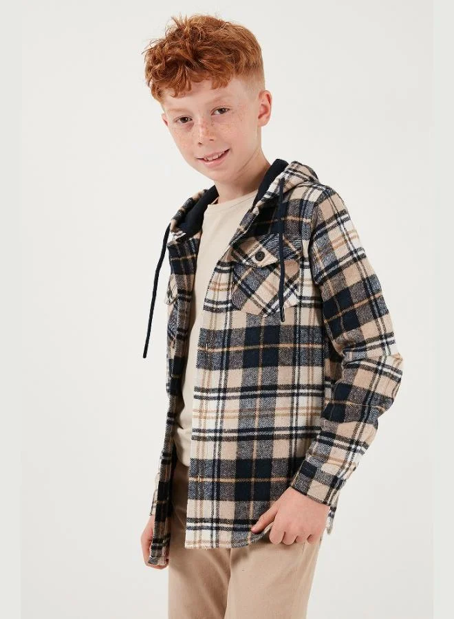 ليلا قميص كاروهات بغطاء رأس وجيوب شتوي للشباب