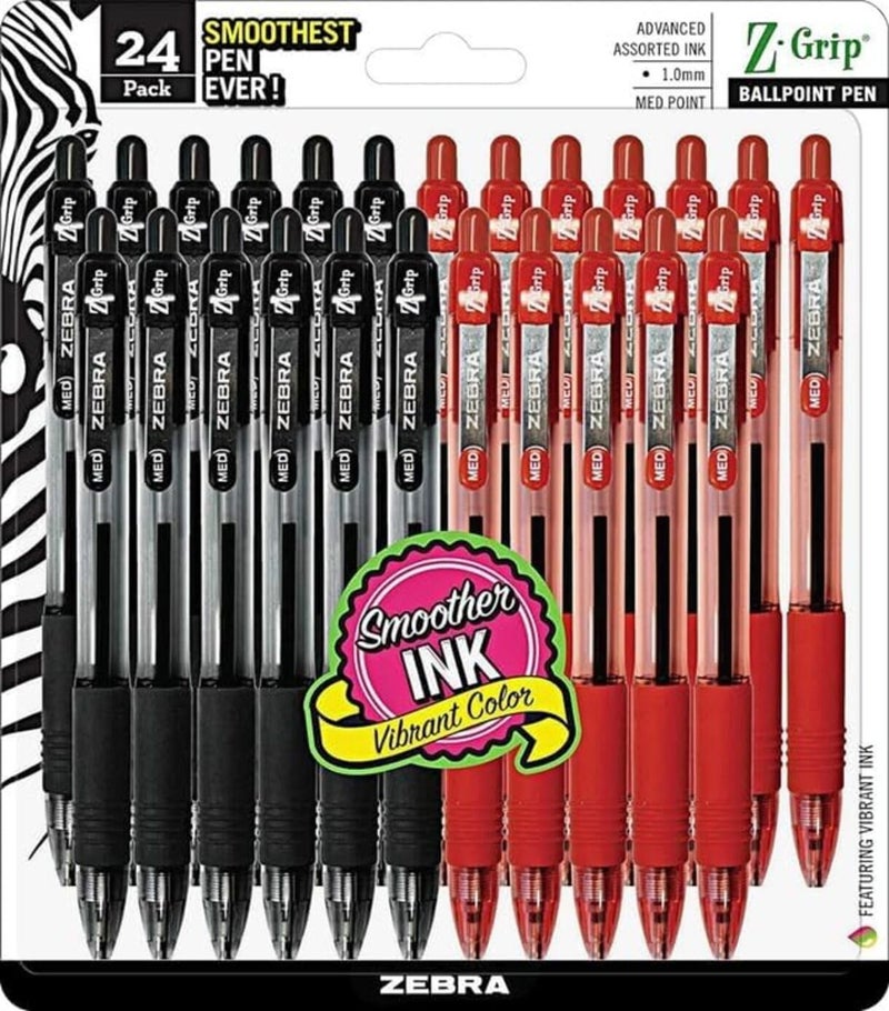 Zebra Pen قلم زيبرا، عبوة كبيرة من 24 قلم حبر، أقلام حبر جاف قابلة للسحب بوساطة زيبرا، نقطة متوسطة 1.0 مم، عبوة مكونة من 12 قلم أسود و12 قلم أحمر - Image 1